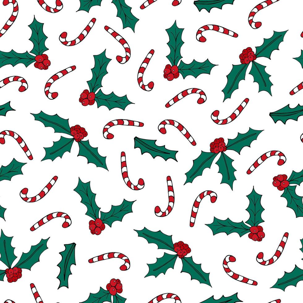 Mistletoe and candy cane. Christmas vector seamless pattern. Green mistletoe with red berries and white and red candy cane on white background.