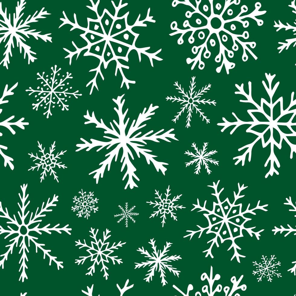 White snowflakes on dark green background. Seamless vector pattern. Wrapping paper, greeting cards, textile, holiday decor.