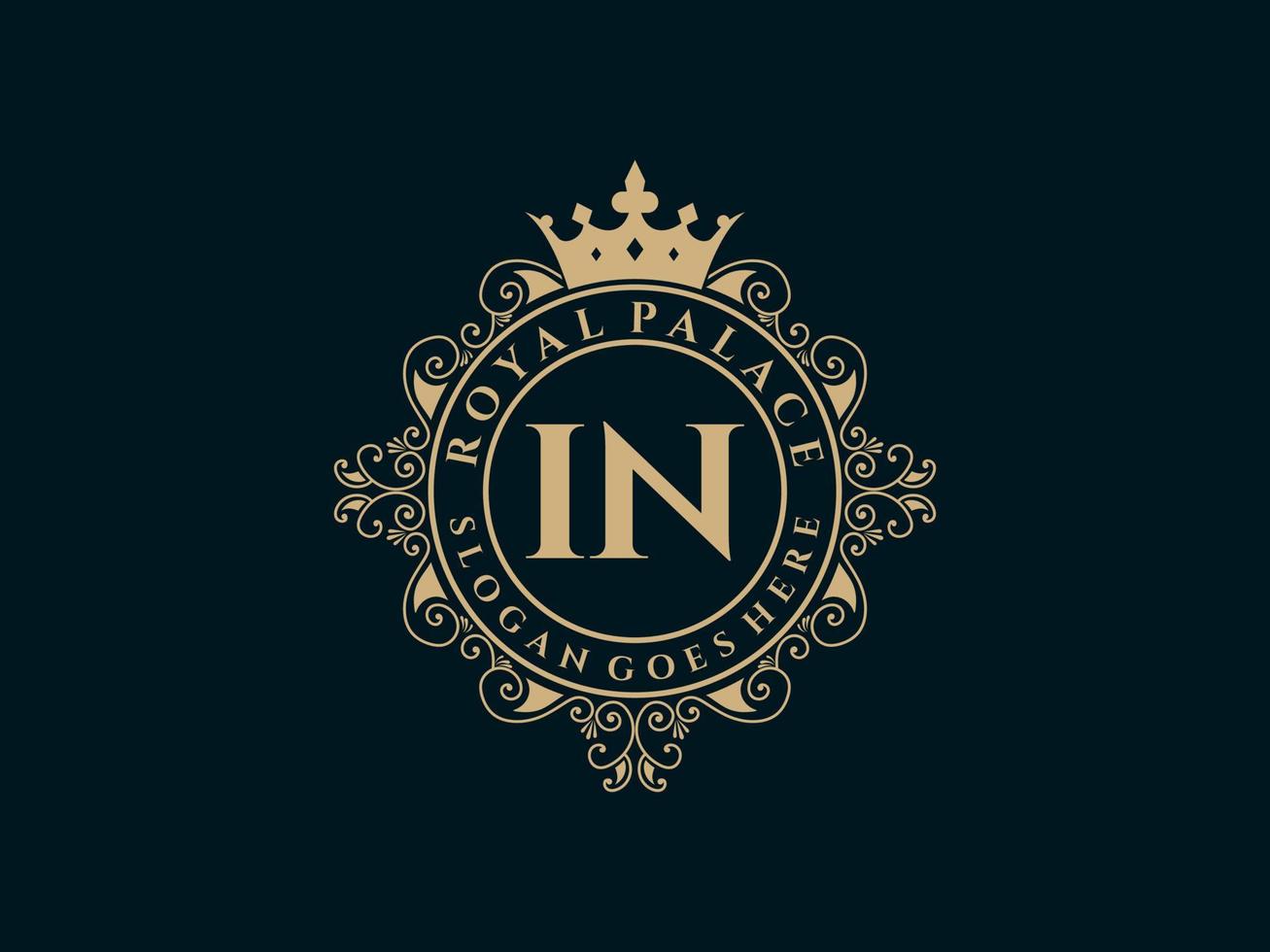 Letter IN Antique royal luxury victorian logo with ornamental frame. vector