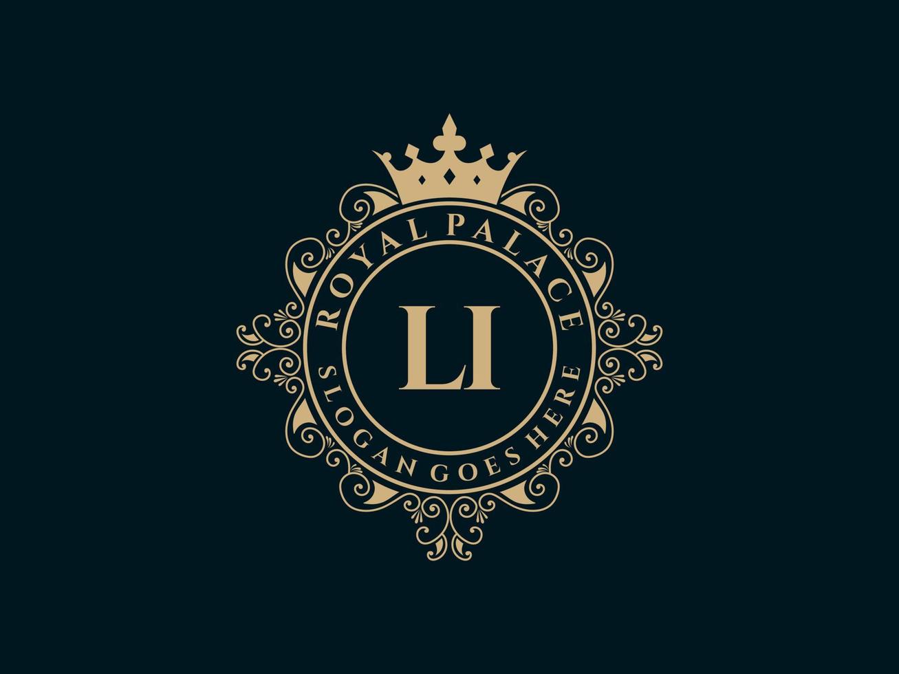 Letter LI Antique royal luxury victorian logo with ornamental frame. vector