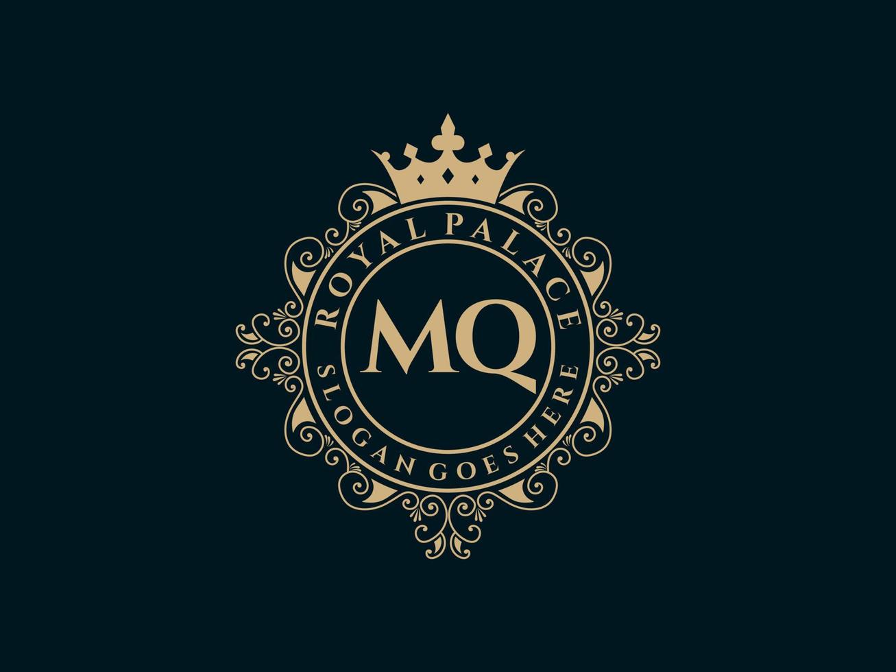 Letter MQ Antique royal luxury victorian logo with ornamental frame. vector