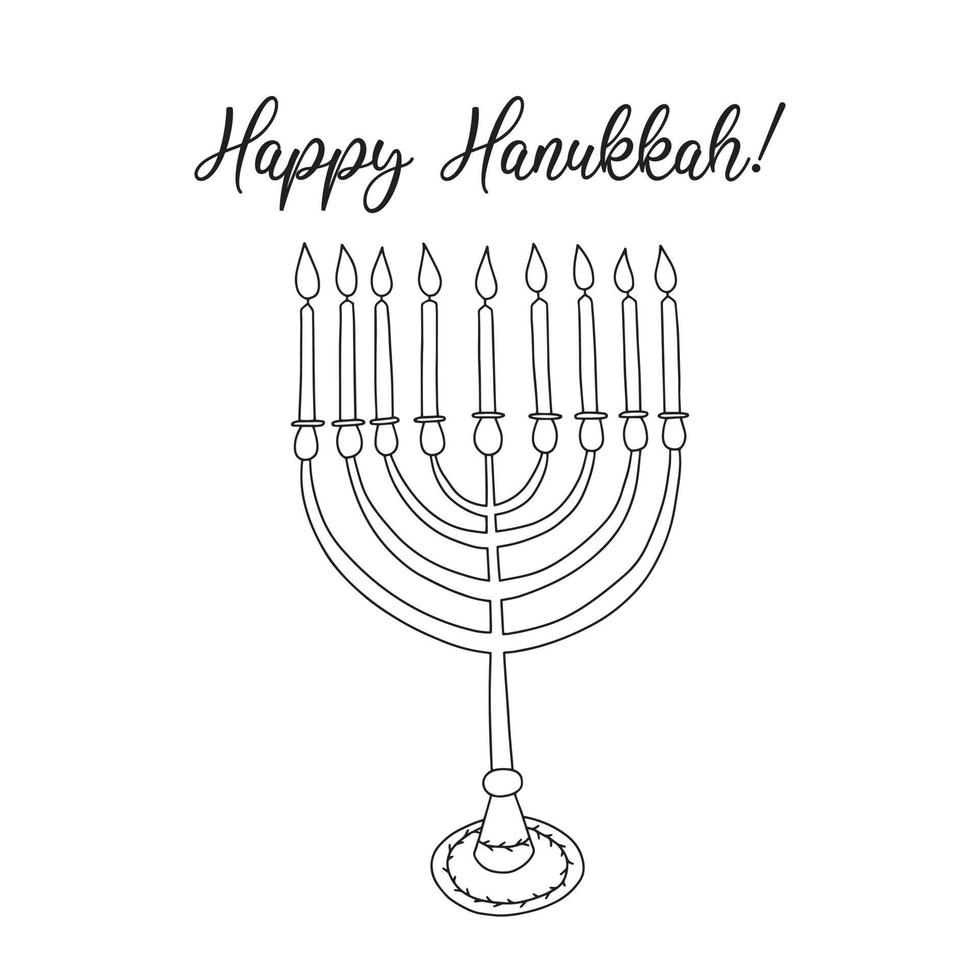 feliz tarjeta de felicitación de hanukkah. vector doodle hanukkah menorah ilustración. símbolo judío dibujado a mano con velas