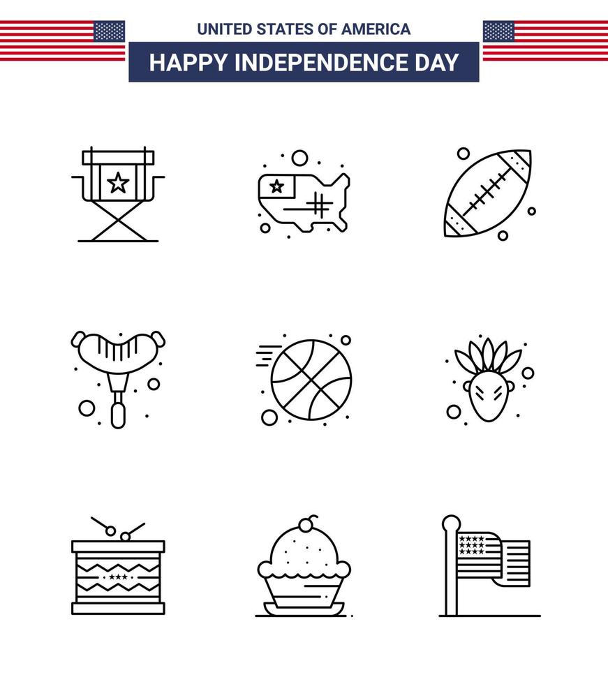 Pack of 9 USA Independence Day Celebration Lines Signs and 4th July Symbols such as ball sausage usa frankfurter usa Editable USA Day Vector Design Elements