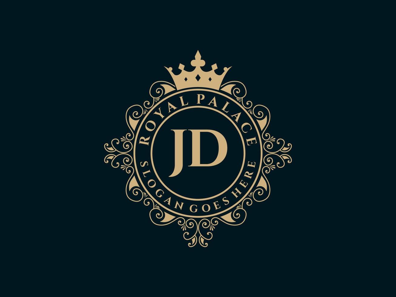 Letter JD Antique royal luxury victorian logo with ornamental frame. vector