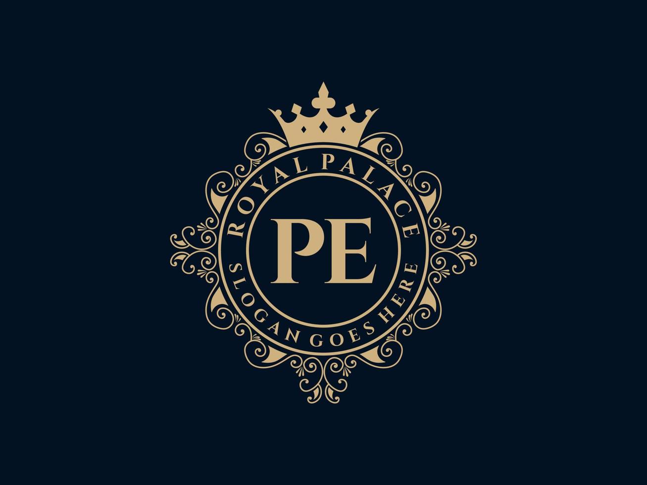 letra pe antiguo logotipo victoriano de lujo real con marco ornamental. vector