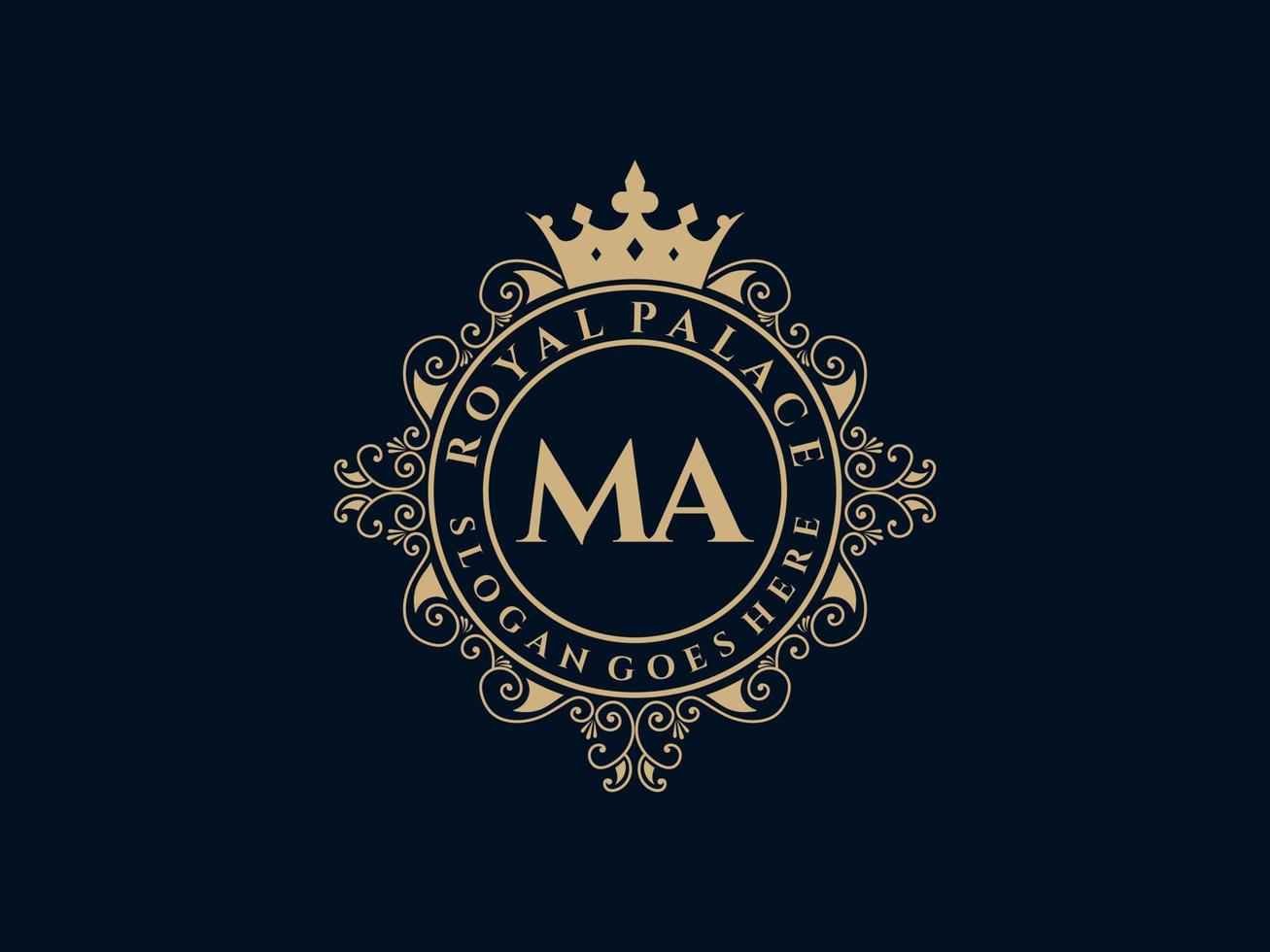 letra ma antiguo logotipo victoriano real de lujo con marco ornamental. vector