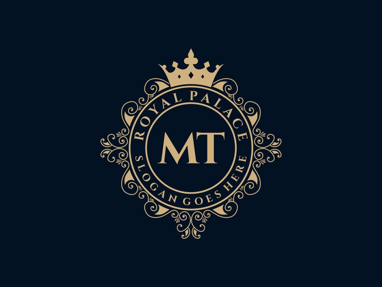 Letter MT Antique royal luxury victorian logo with ornamental frame. vector