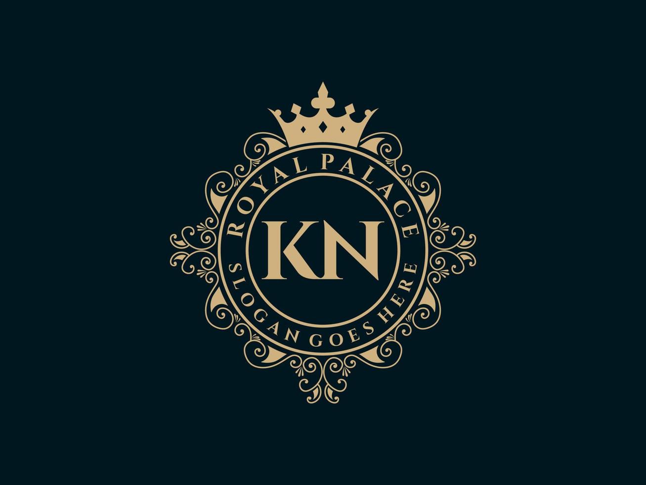 Letter KN Antique royal luxury victorian logo with ornamental frame. vector
