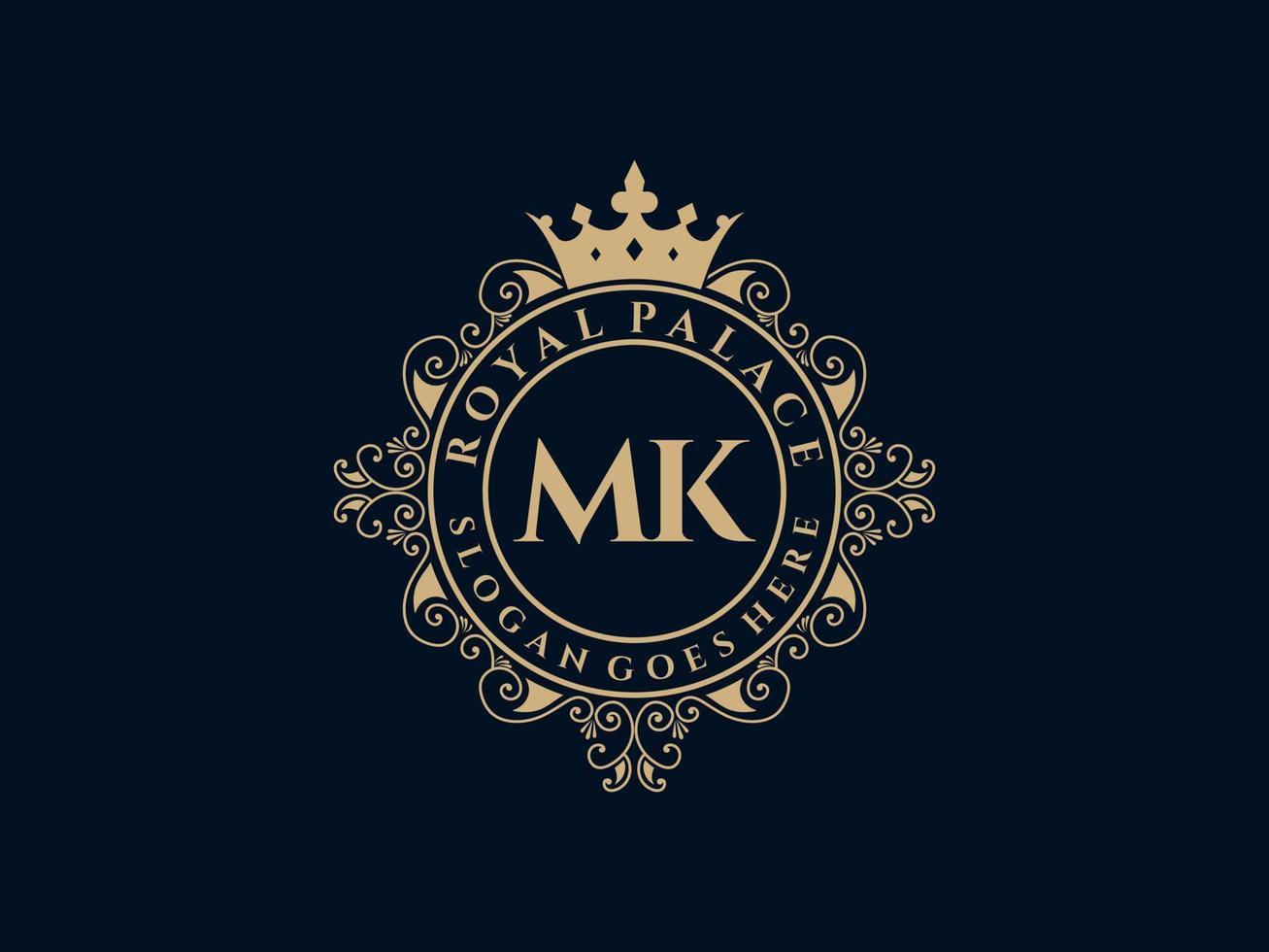 Letter MK Antique royal luxury victorian logo with ornamental frame. vector