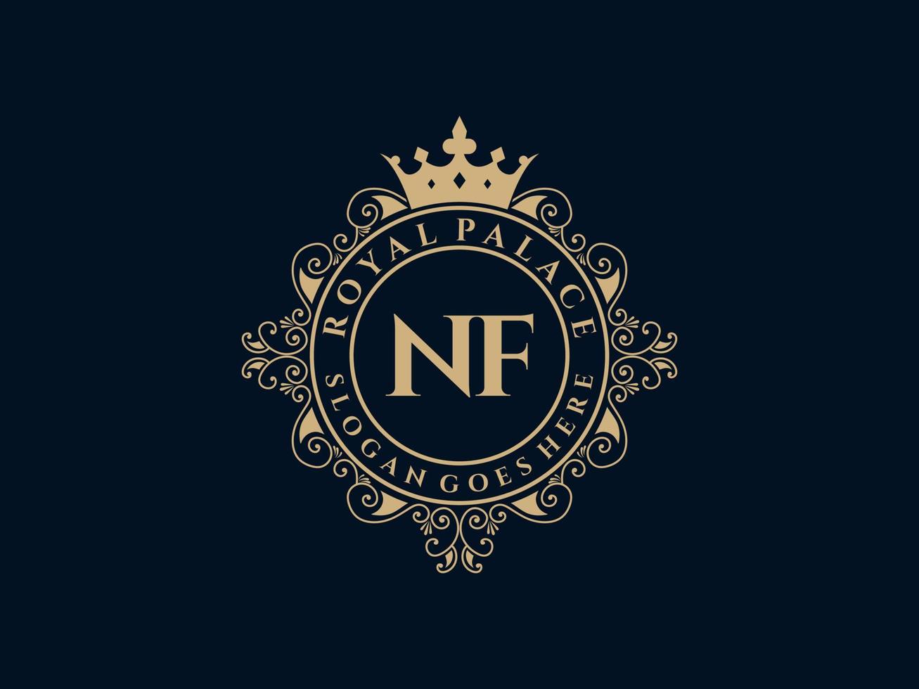 Letter NF Antique royal luxury victorian logo with ornamental frame. vector