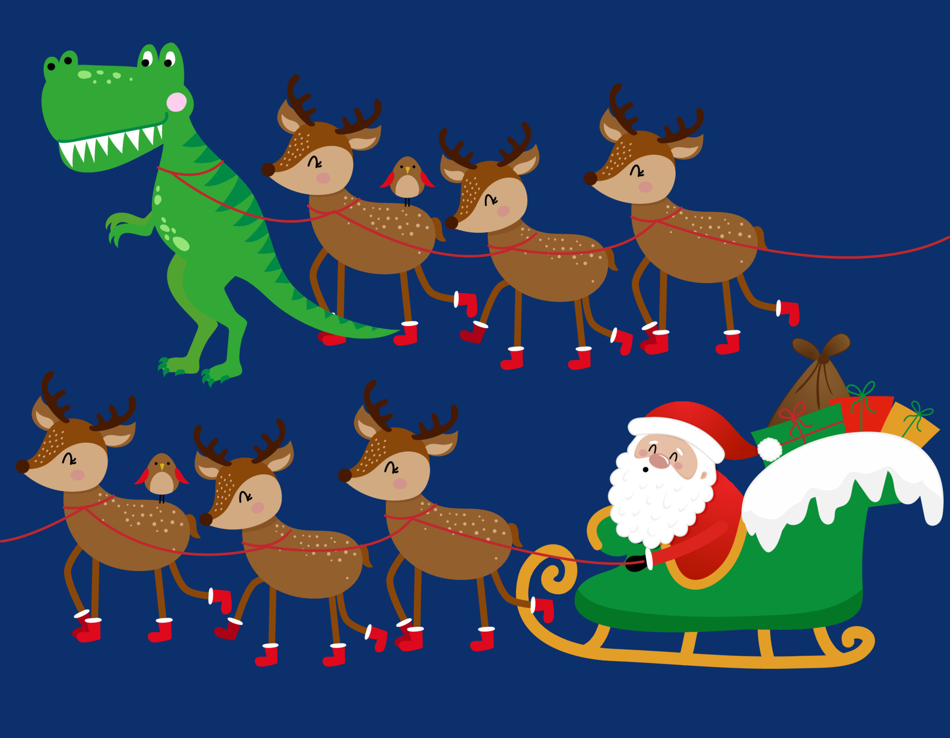 Santa rides a sleigh with reindeers and a trex dinosaur. Merry Christmas, xmas and happy new year funny concept. Cartoon vector illustration. Santa Claus is coming to town. 14321045 Vector Art at Santa rides a sleigh with reindeers and a trex dinosaur. Merry Christmas, xmas and happy new year funny concept. Cartoon vector illustration. Santa Claus is coming to town. 14321045 Vector Art at