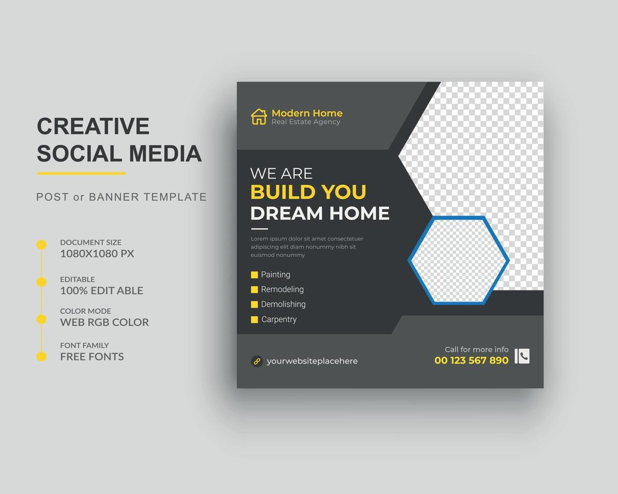 Construction renovation flyer social media post Square web banner template vector