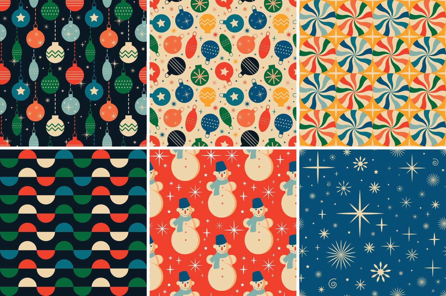 Vintage retro Christmas seamless patterns in the style of the 60s and 70s vector