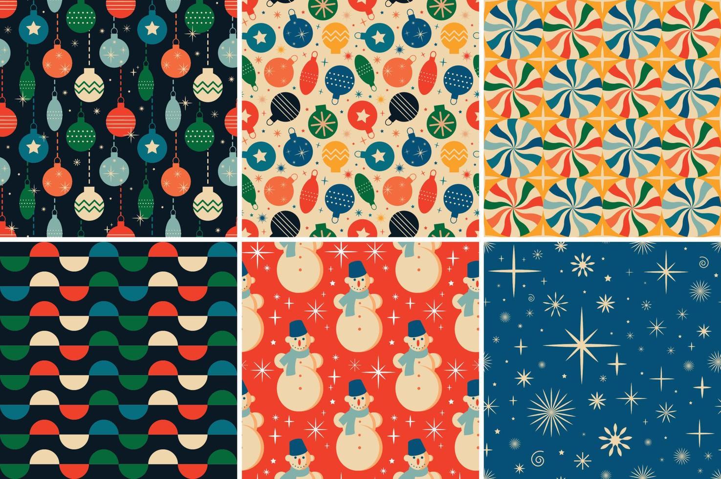 Vintage retro Christmas seamless patterns in the style of the 60s and 70s vector