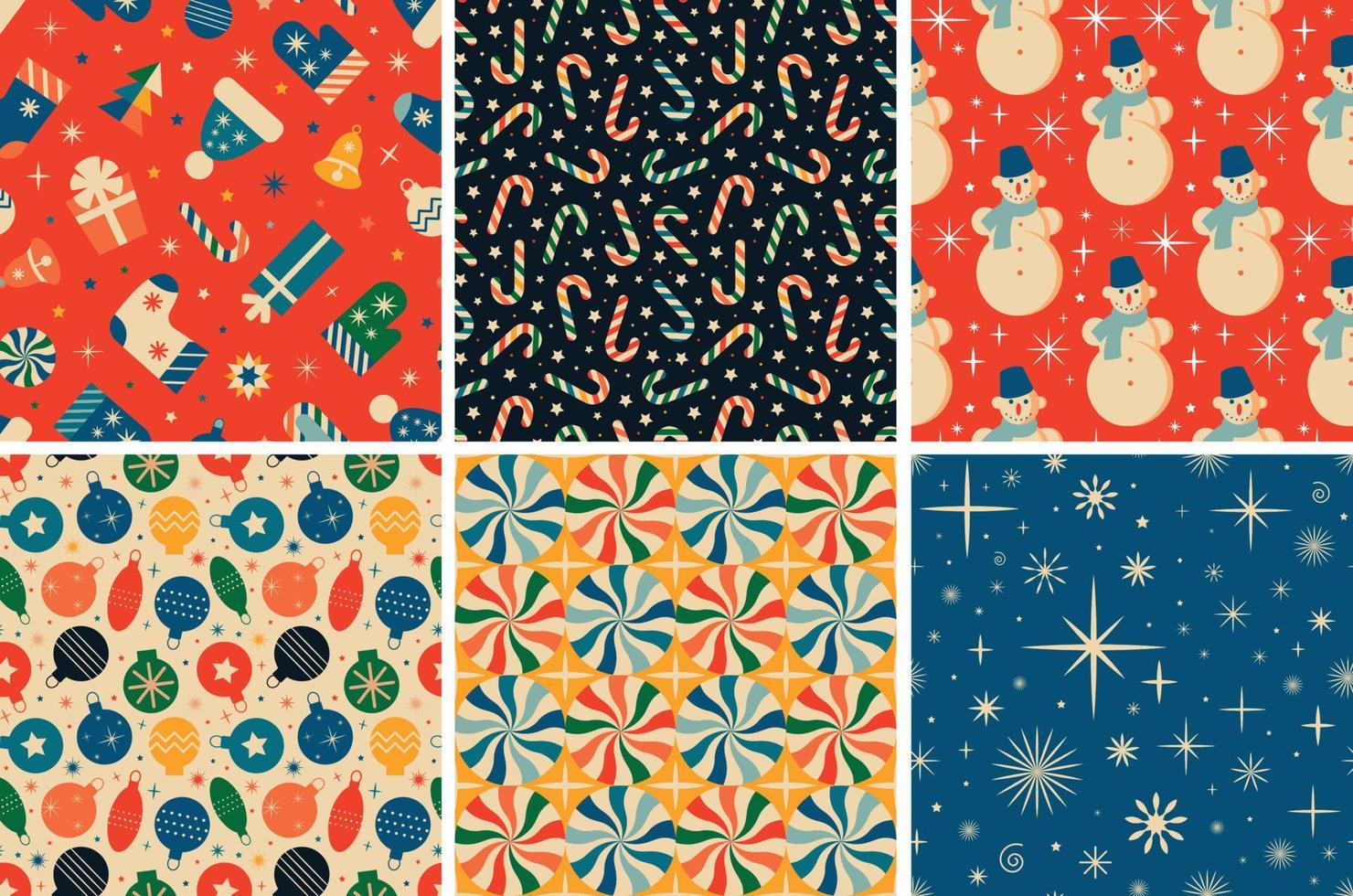 Vintage retro Christmas seamless patterns in the style of the 60s and 70s vector
