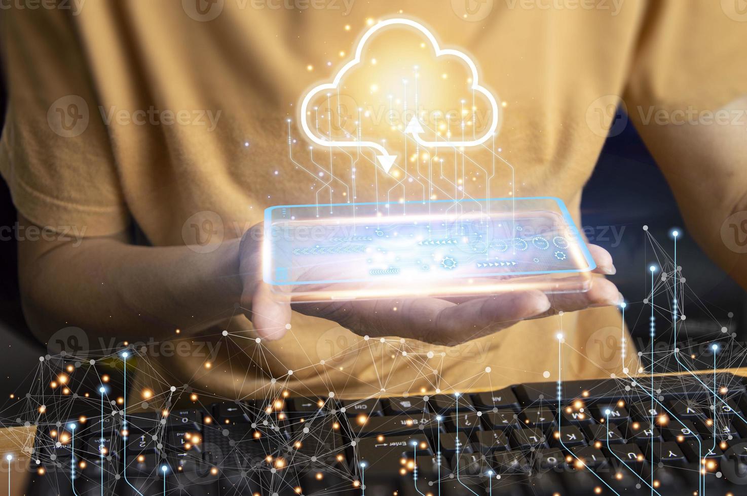 Man using computer showing cloud computing diagram in hand cloud technology data storage network and internet service concept photo