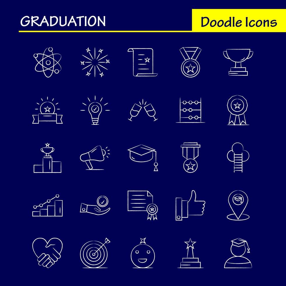 Graduation Hand Drawn Icons Set For Infographics Mobile UXUI Kit And Print Design Include Glass Drink Healthcare Graduation Map Location Medal Award Icon Set Vector