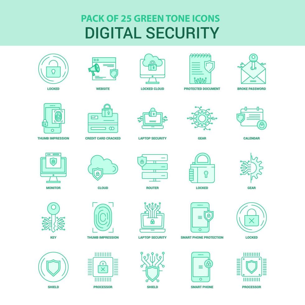 25 conjunto de iconos de seguridad digital verde vector