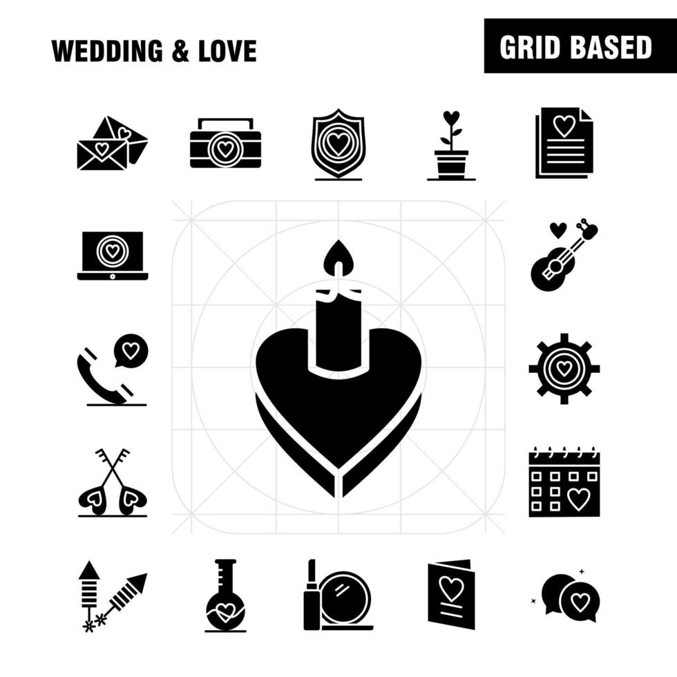 conjunto de iconos de glifo sólido de boda y amor para infografías kit de uxui móvil y diseño de impresión incluyen tarjeta de boda de corazón de amor portátil vector de conjunto de iconos de boda de corazón de amor