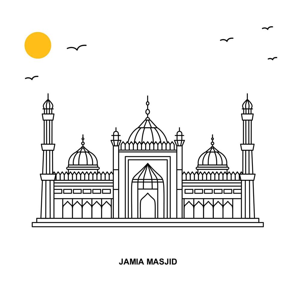 fondo de ilustración natural de viaje mundial de jama masjid monumento en estilo de línea vector