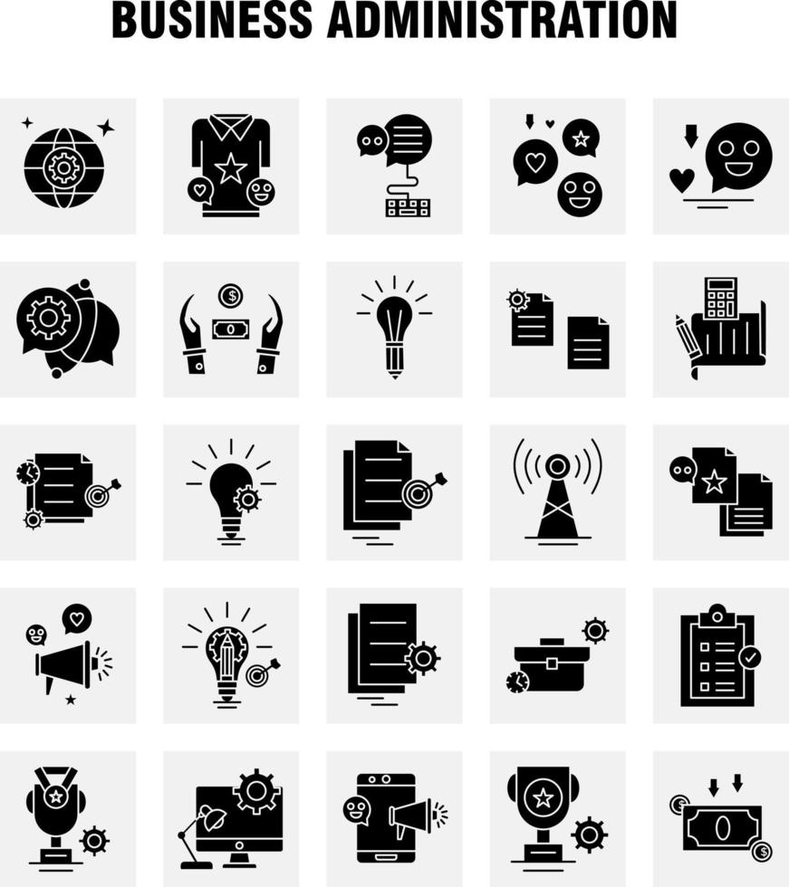 los iconos de glifo sólido de administración empresarial establecidos para el kit de uxui móvil de infografía y el diseño de impresión incluyen el archivo de configuración del documento de educación escolar del bolso de la escuela vector eps 10