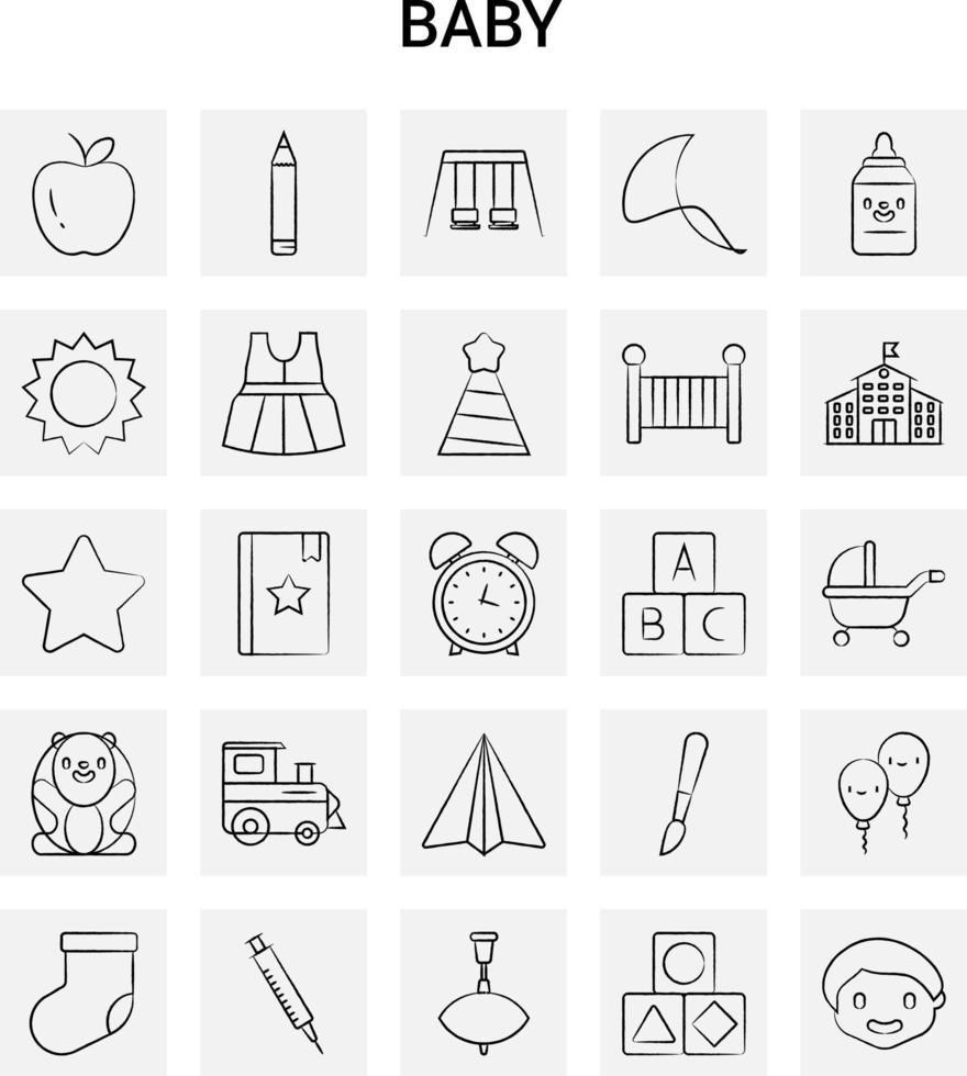 25 icono de bebé dibujado a mano conjunto garabato de vector de fondo gris