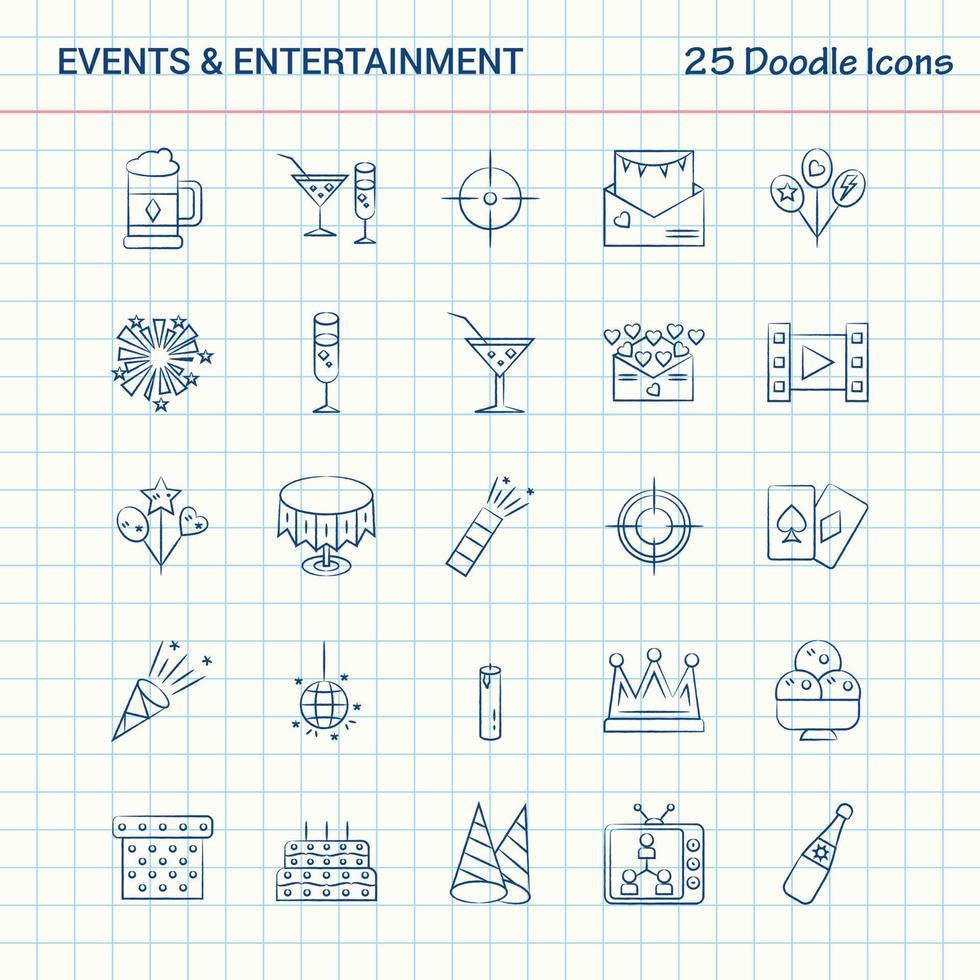 Events and Entertainment 25 Doodle Icons Hand Drawn Business Icon set vector