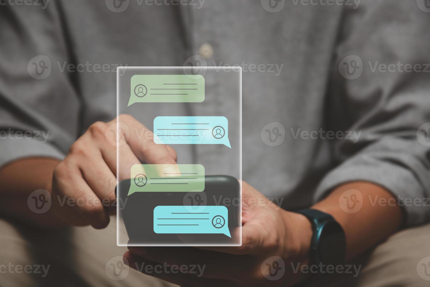 Man using online chat smartphone virtual screen digital technology connection application gadget searching information online business concept. photo