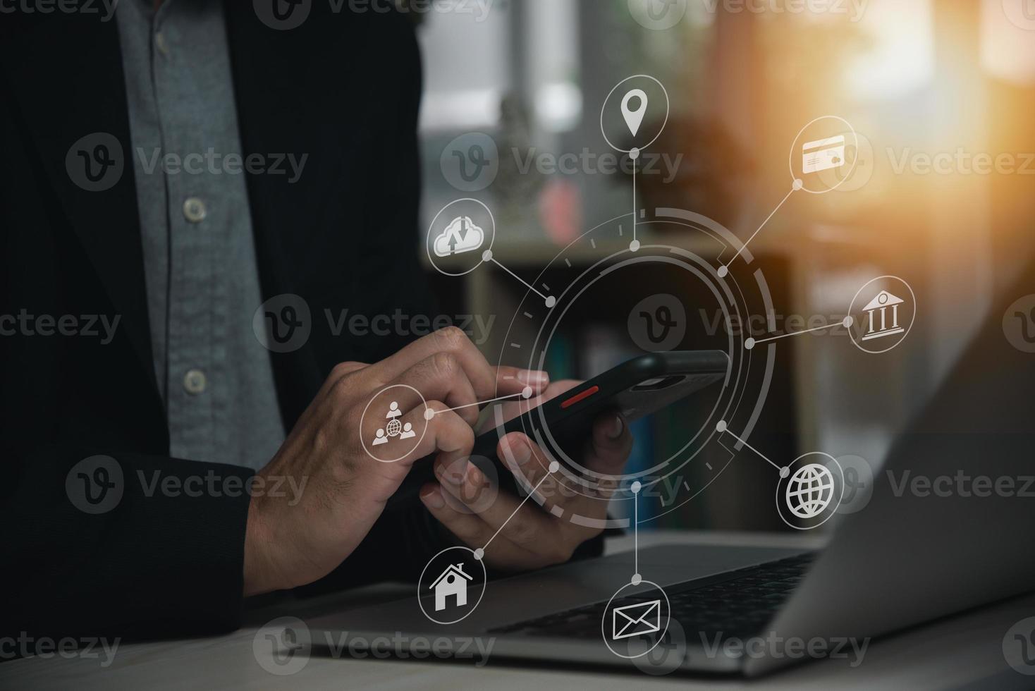 Digital marketing online banking payment media in virtual screen.businessman working digital smartphone communication network finance. photo