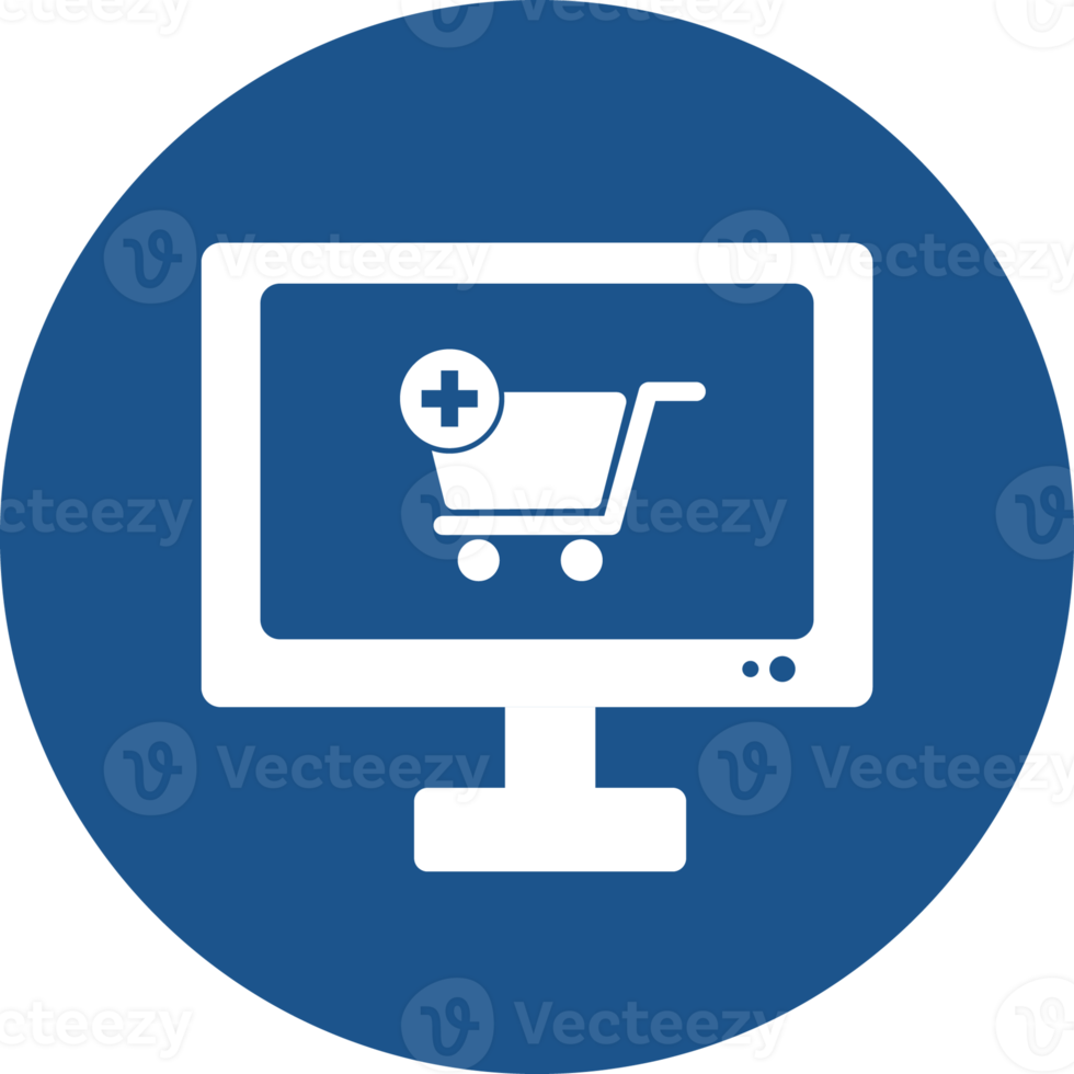 Shopping online on computer icons design in blue circle. png