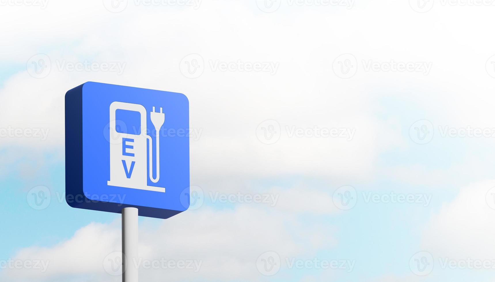 EV charging sign. Recharging point for electric vehicles sign against clear sky. 3D illustration. photo