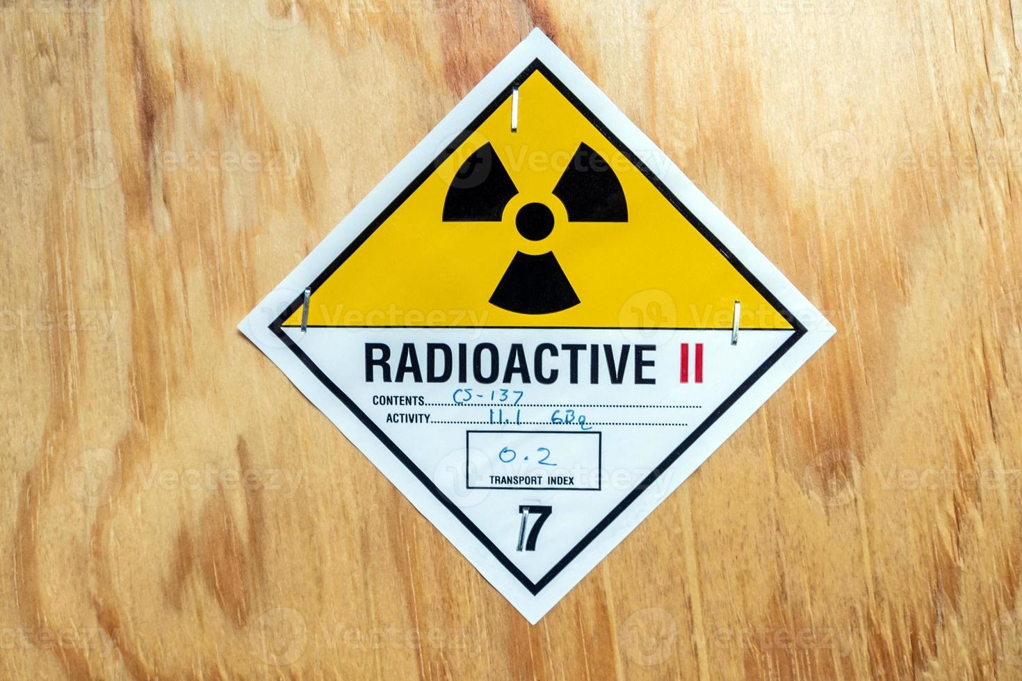 Radiation label beside the transport wooden box Type A package 14323164