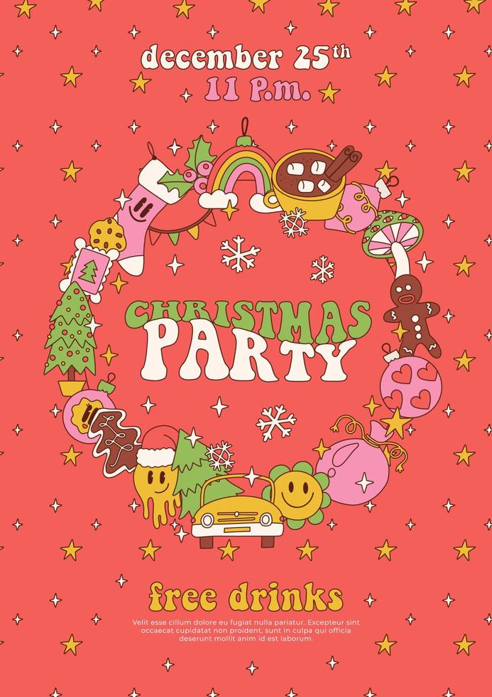Groovy Christmas poster template, invitation to Xmas party. Trendy retro 60s hippie cartoon