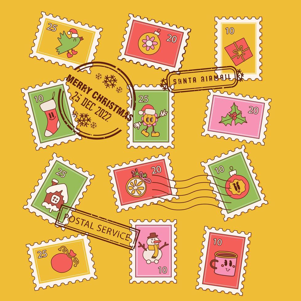 Christmas Postage stamps set with retro cartoon characters and elements. Merry Christmas and Happy New year in trendy groovy hippie style. 70s trippy vintage collection. vector