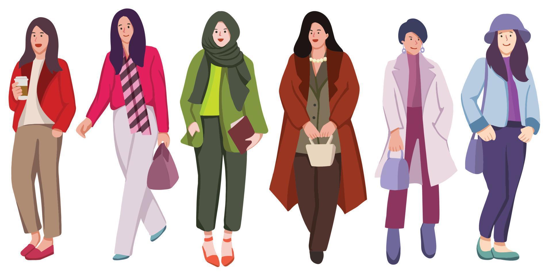 grupo de mujeres de moda de pie juntas vector ilustración plana. personajes femeninos con estilo en ropa casual moderna, hipster aislados en blanco. bellas damas en traje elegante