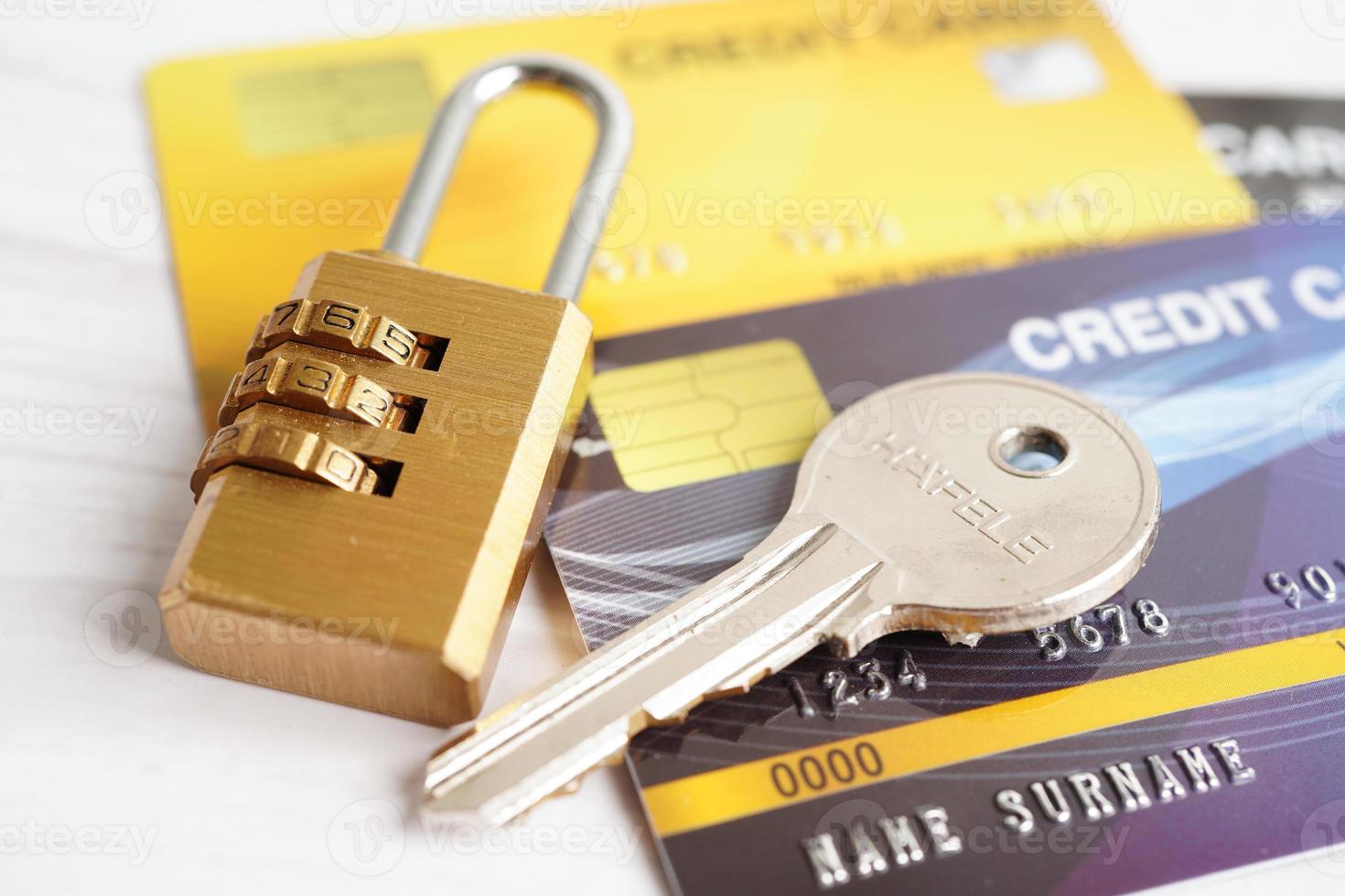 Credit card with password key lock, security finance business concept. photo