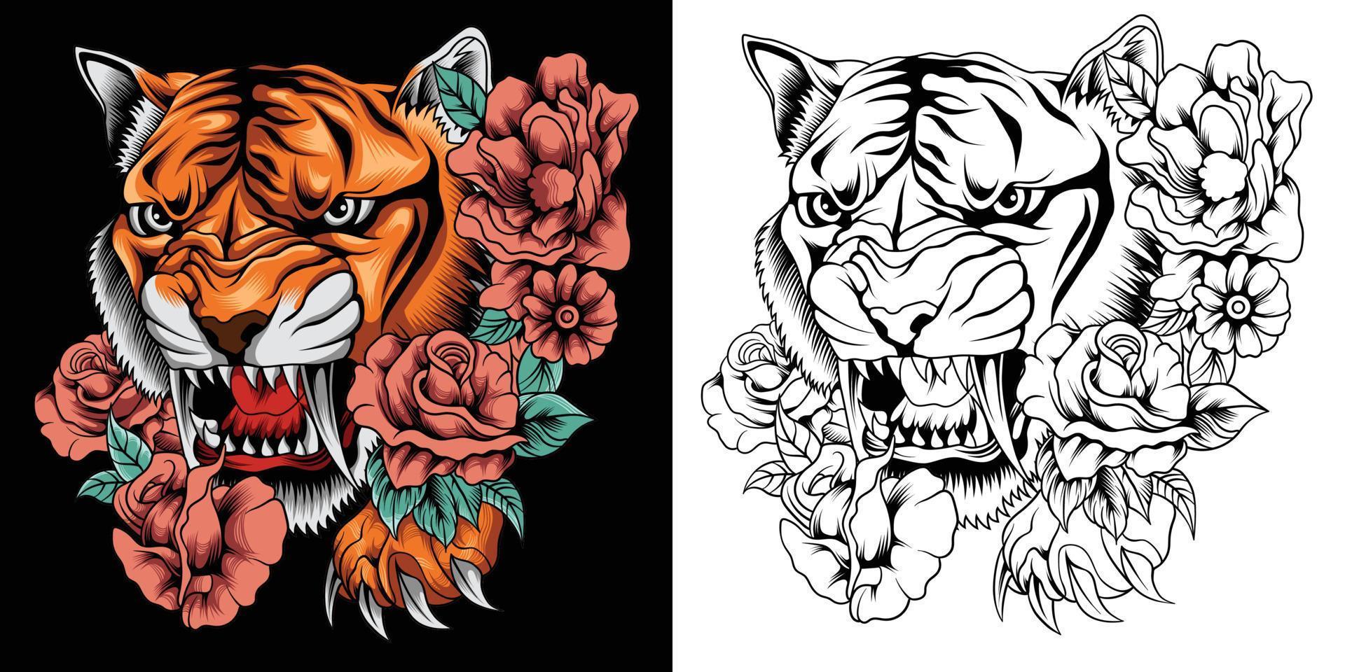 ilustración vectorial de cabeza de tigre rugiente y tatuaje de rosas vector