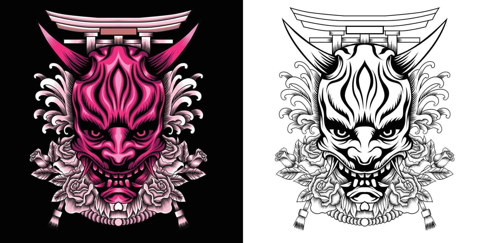 oni mask with roses and tori gate illustration vector