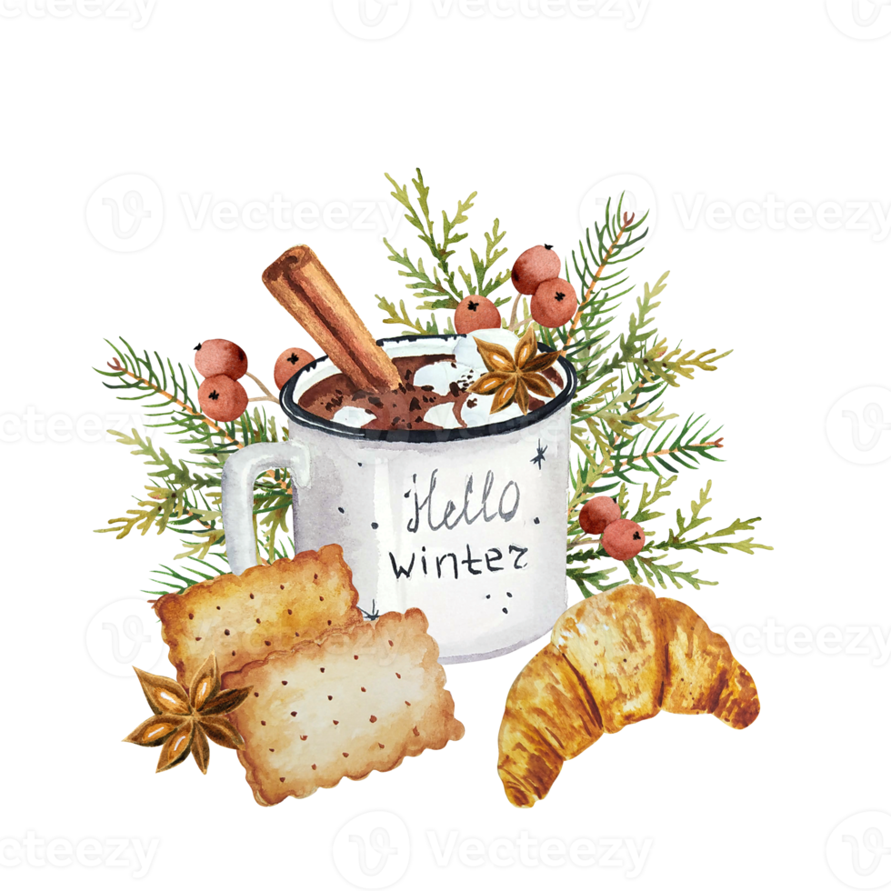 Watercolor christmas cup of cacao with spicy png