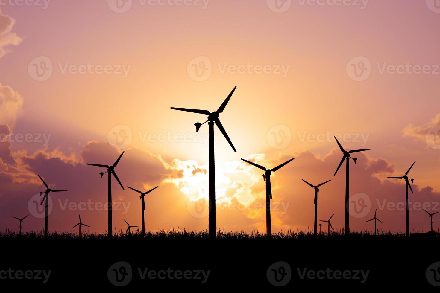 Wind turbines produce electricity in a field. Wind energy concept, clean energy, environmental protection photo