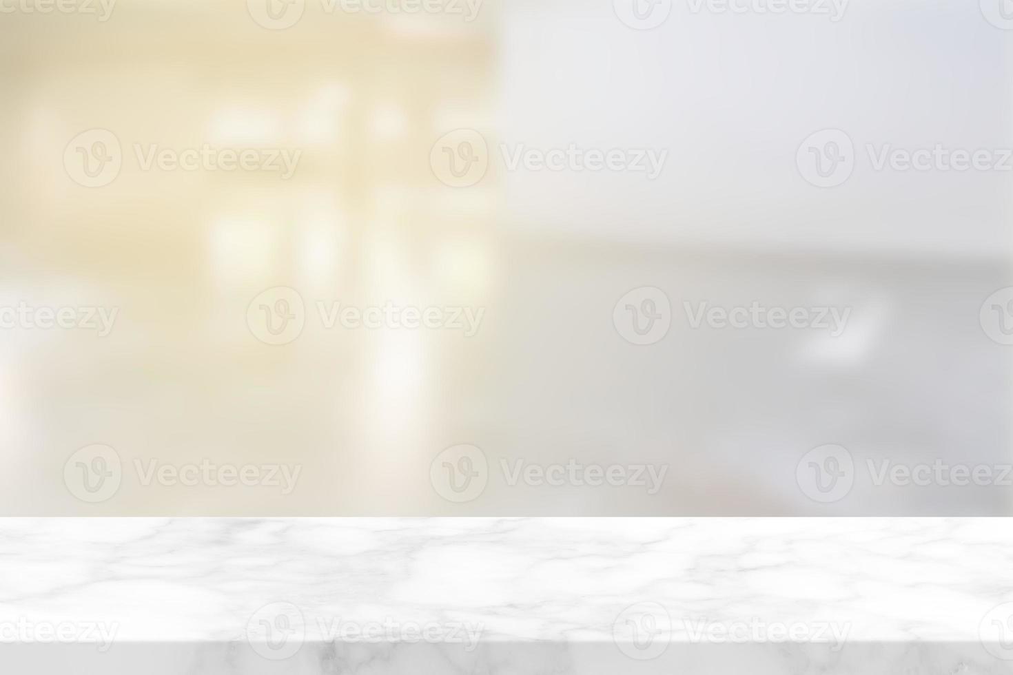 Empty Marble Table with White Blurred Hallway Interior Background, Suitable for Product Presentation Backdrop, Display, and Mock up. photo