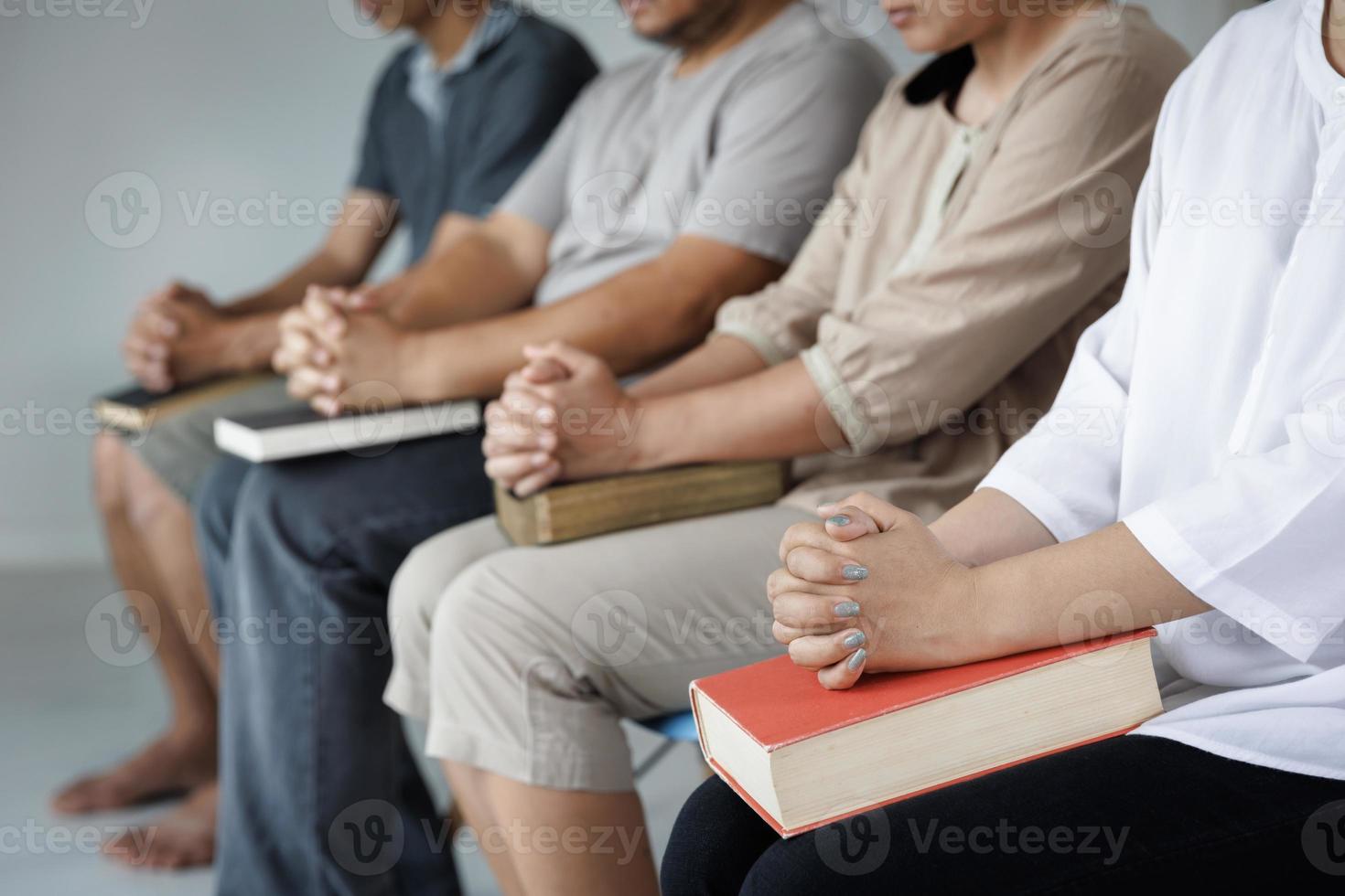 Religious christian team pray together for recovery give psychological support, counseling training trust concept, close up photo