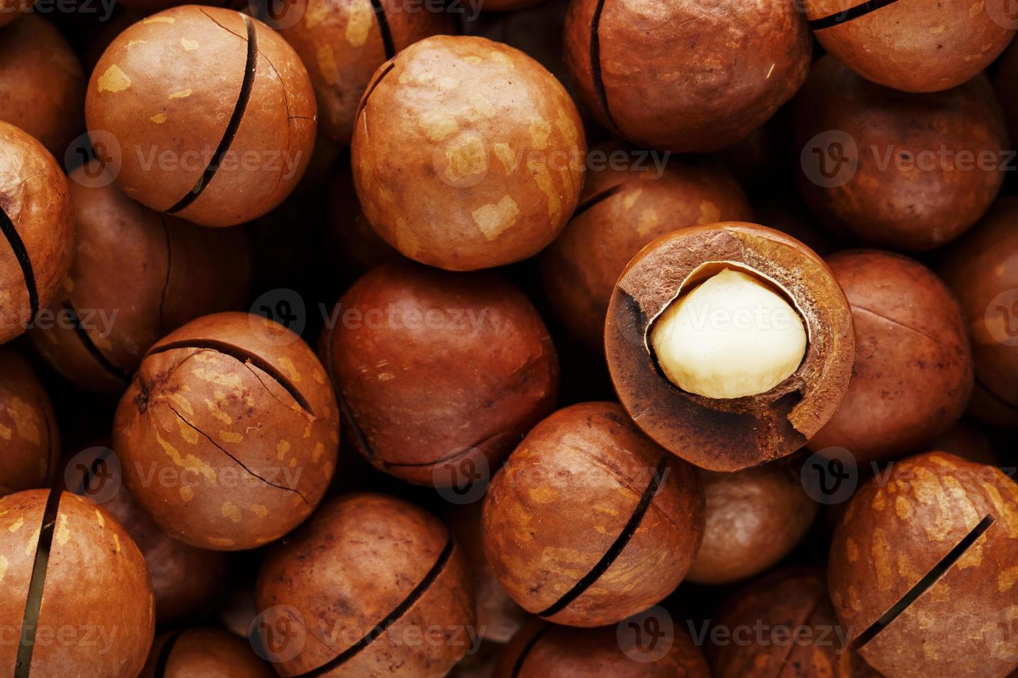 textura de nuez de macadamia orgánica fruta natural fresca sin cáscara una nuez en vista de primer plano de fotograma completo foto