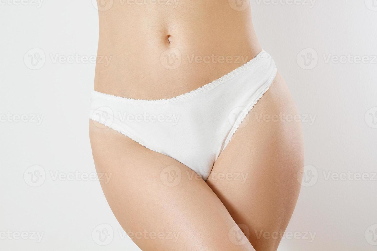 Template Blank Close up White Woman Panties isolated on gray background. Cropped image. Flat Belly and nutrition concept. Female health. Pain periods and cycle problems. Front view and copy space photo