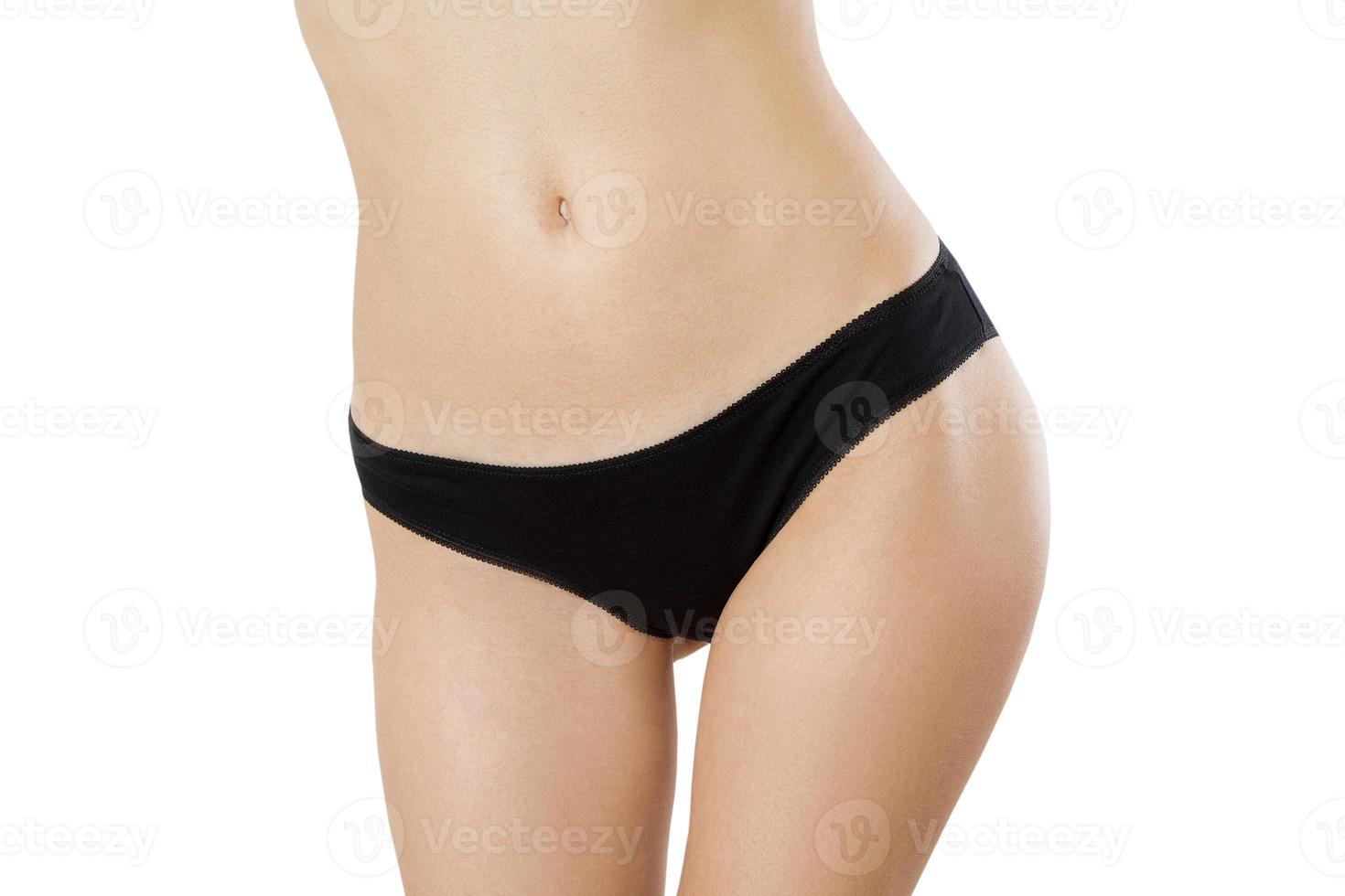 Template Black Blank Woman Panties. Close up girl in underwear with copy space isolated on white background. Skin care and bikini hair removal concept. Shave bikini line. Mock up of women underpants photo