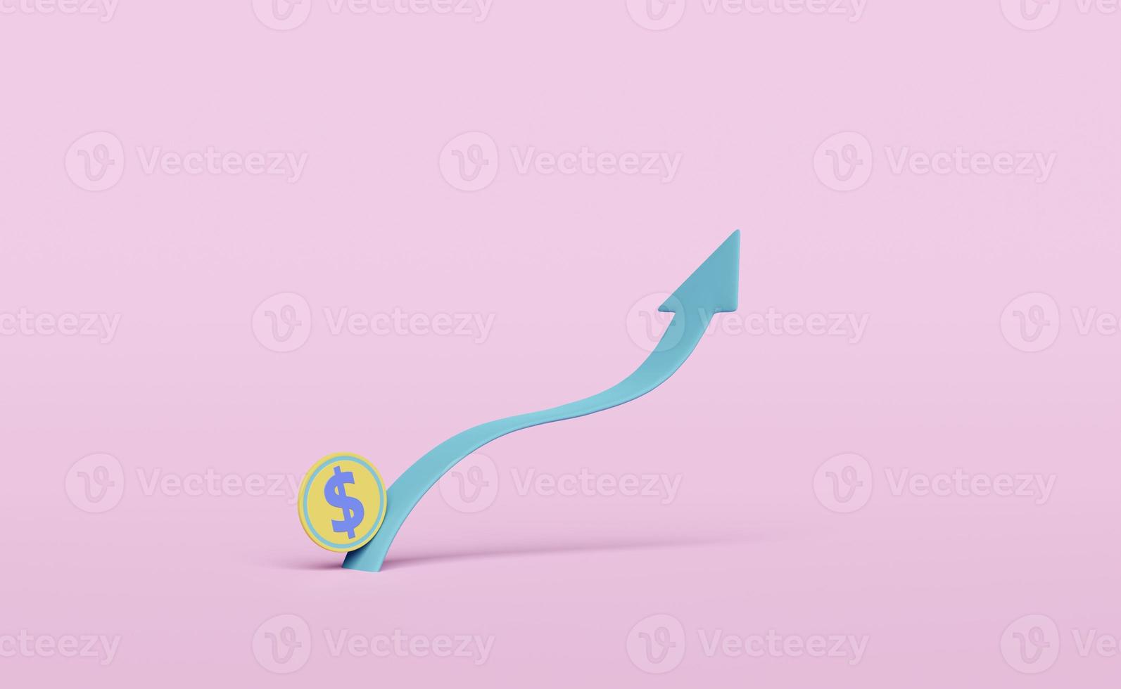 3d dollar coin with arrows isolated on pink background. high inflation, expensive, saving money, raise the price, business growth, fund, interest concept, 3d render illustration photo