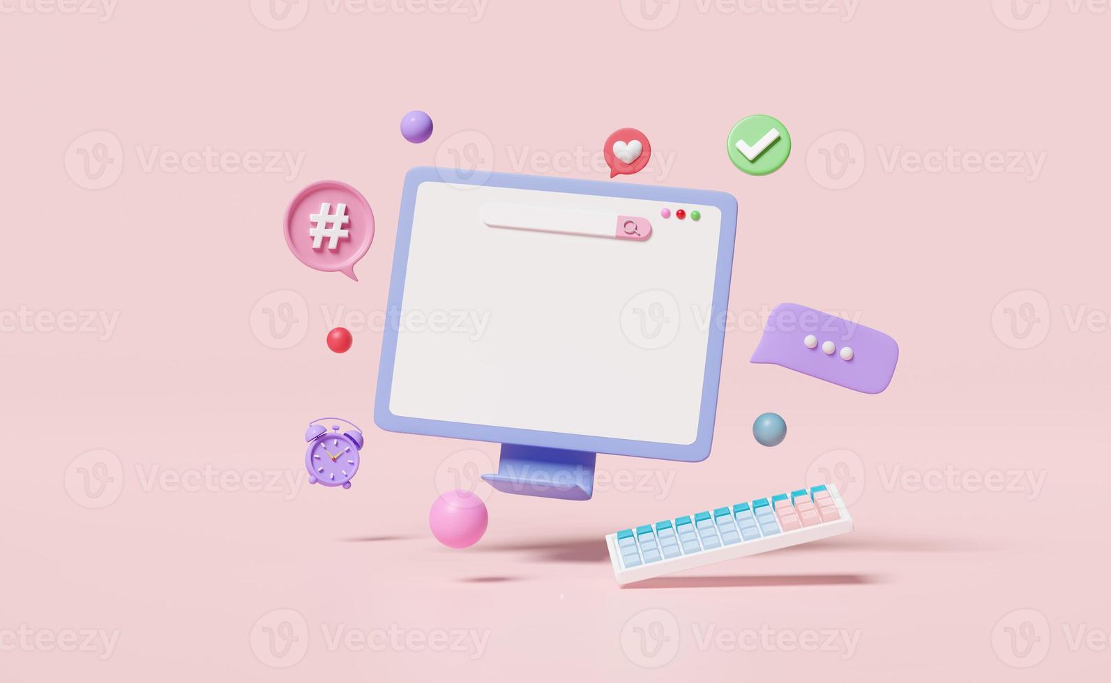 3d social media with computer monitor icons, chat bubbles, check marks isolated on pink background. online social, seo communication applications, template concept, 3d render illustration photo