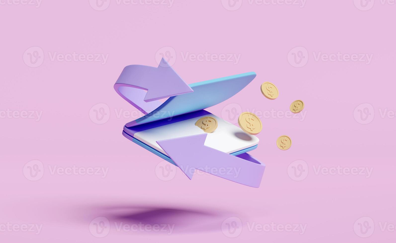 3d bank account open book, passbook with arrow, dollar coin isolated on pink background.  transfer, cashback, saving money, financial business, banking payment, minimal concept, 3d render illustration photo