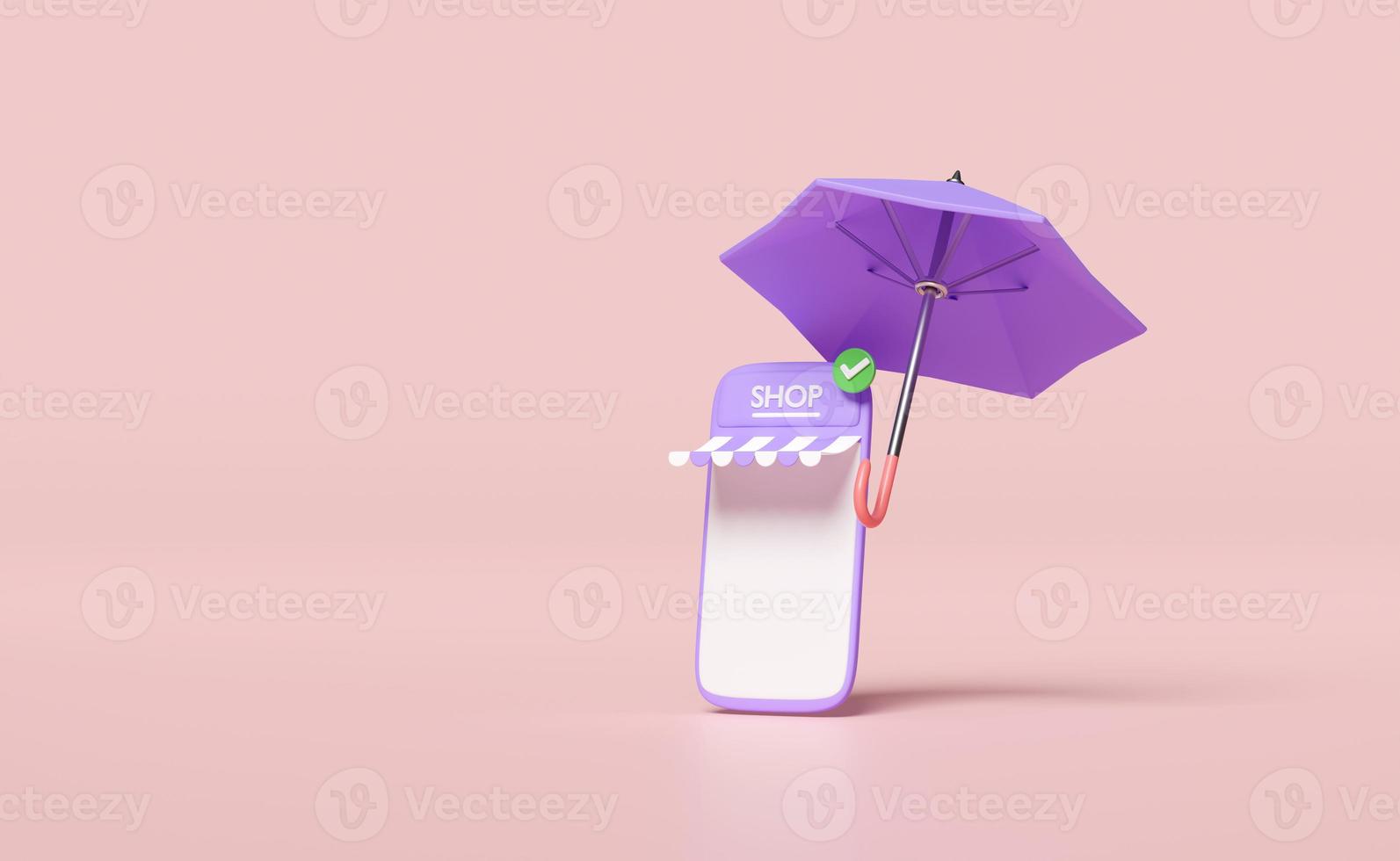 3d purple mobile phone, smartphone with store front, umbrella, checkmark isolated on pink background. online shopping, minimal, protect startup franchise business concept, 3d render illustration photo