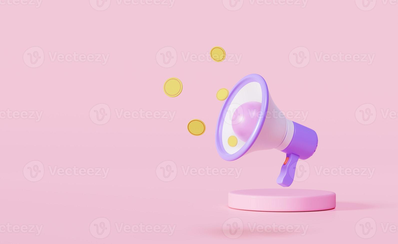 3d megaphone, hand speaker with cylinder podium, coins isolated on pink background. business finance, banking, investment concept, 3d render illustration photo